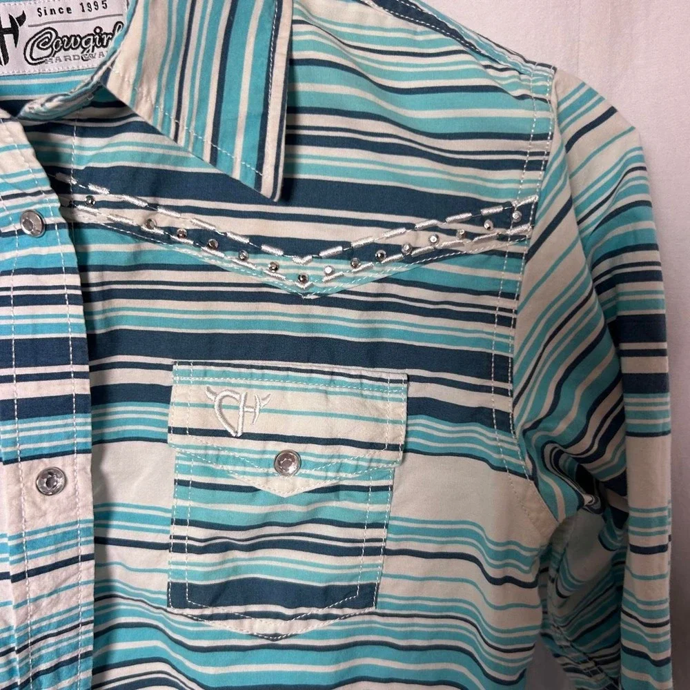 Cowgirl Hardware youth girls XL Western Snap Shirt Teal Blue Stripe Rhinestone